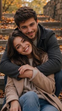 Young couple embracing on autumn steps background for romantic portrait banner and seasonal lifestyle design