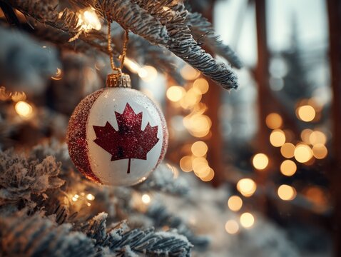 canadian themed christmas ornament on tree