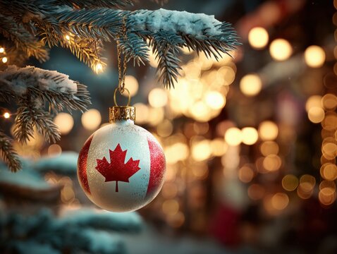 christmas ornament on a snowy tree