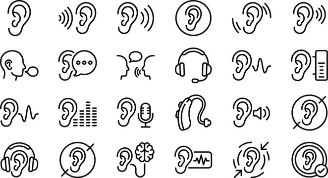 Ear listening icon set, Hearing symbols, Audio perception vector icons, Sound detection signs, Listening assistance vector icons