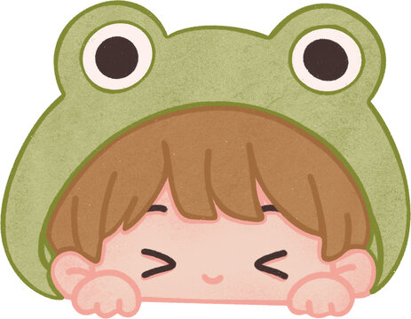 Cute Kid Peeking in Green Frog Hat with Winking Face
