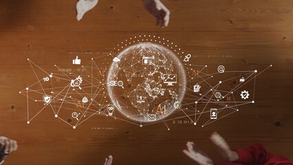 Explore a striking visual representation of global connectivity, showcasing data analytics, artificial intelligence, and network interactions in a modern workspace. Raster © InfiniteFlow