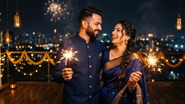 Indian Couple in Matching Navy Festive Outfits With Sparklers &ndash; Diwali Night Celebration.
