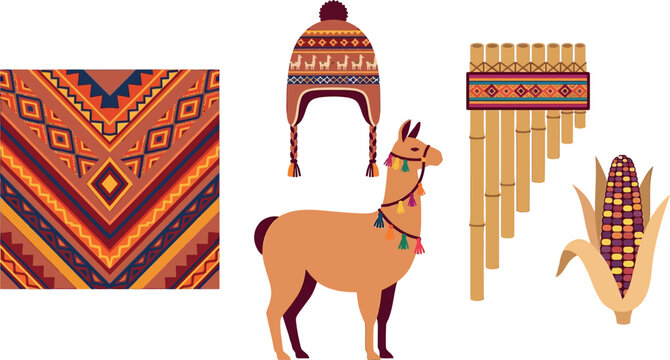 Traditional Peruvian Andean Cultural Vector Element Set Featuring Llama, Pan Flute, Chullo Hat, Indigenous Pattern, and Corn for South American Travel Designs