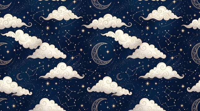 Seamless celestial pattern with decorative moon clouds and