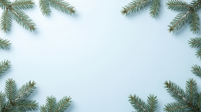 Mint green snow pine branch border frame, eucalyptus sprig flatlay, vintage botanical texture, holiday background