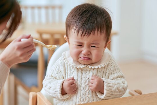 離乳食を嫌がり困った表情を見せる可愛い赤ちゃんの子育て風景