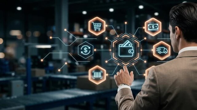 Executing digital transformation strategy businessman managing automated warehouse logistics photo view of futuristic supply chain environment from behind