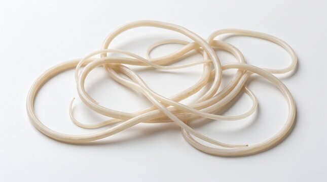 Guinea worm specimen coils in a tangled mass on a clean white background to show parasitic anatomy.