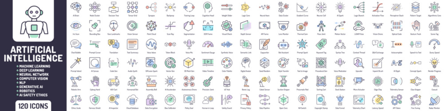 Artificial Intelligence Icon Set for Machine Learning Robotics Neural Networks NLP Computer Vision and Generative AI UI