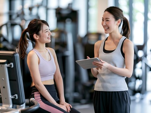 健康的な運動習慣パーソナルトレーナーと笑顔で話す日本人女性