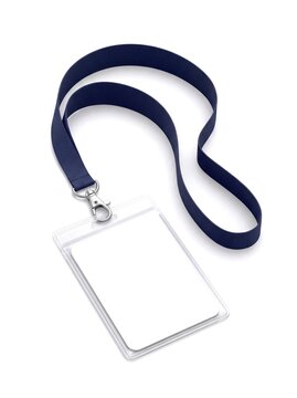 Blank white ID badge card in clear plastic holder with navy blue fabric lanyard, plain name tag mockup isolated on white background