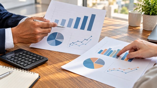 Professionals comparing printed financial charts on a wooden office desk