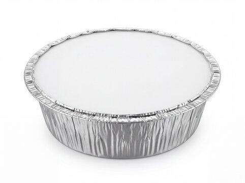 Round aluminum foil takeaway food container with blank white cardboard lid, Brazilian marmitex packaging mockup isolated on white
