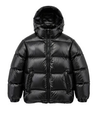 Stylish black glossy puffer jacket with a hood and zipper closure, photographed front view on a clean white background © no one