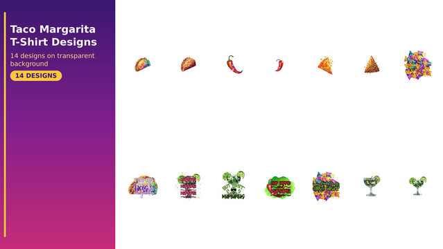 Set of 14 taco margarita t-shirt designs bundle, funny mexican food shirt graphics set, disco chips queso sublimation PNG designs pack for print on demand, 300 DPI commercial use apparel gift shirts