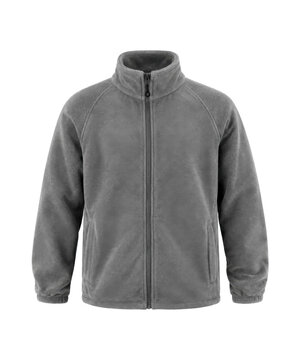 Plain gray fleece jacket with a full zipper and high collar, photographed on a white background with soft, even lighting