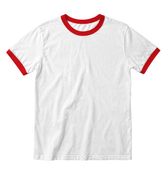 White ringer t-shirt with red trim on collar and sleeves, featuring a classic design on a clean white background
