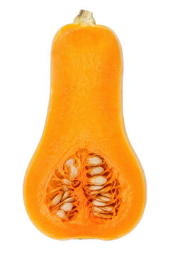Vibrant orange butternut squash, cut lengthwise in half, revealing its seeds and fibrous interior on a clean white background