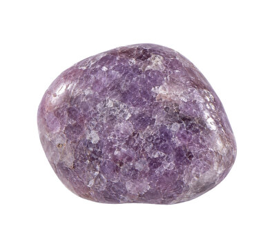 Single polished purple lepidolite gemstone, displaying its characteristic flaky texture and subtle shimmer, isolated on a white background