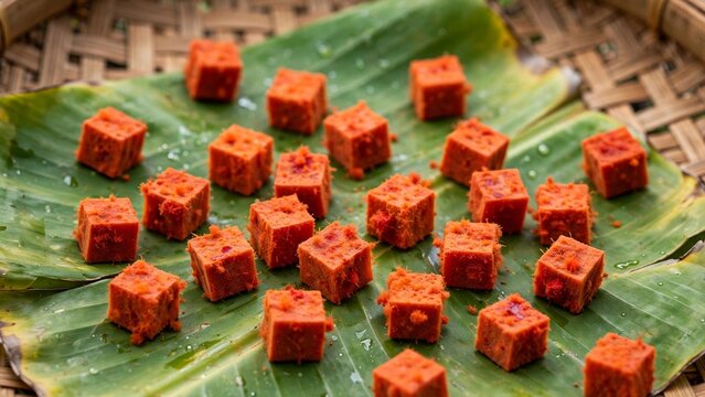 Raw Red Oncom Diced Cubes On Banana Leaf In Bamboo Tray Traditional Indonesian Food
