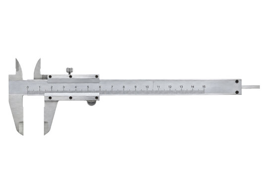 Shiny metallic silver vernier caliper, a precision measuring tool, is horizontally positioned against a clean white background