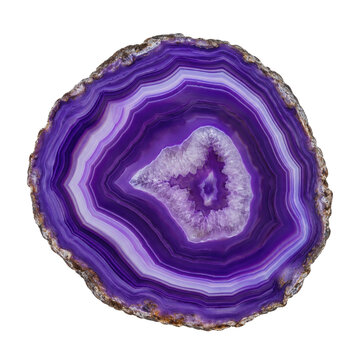 Beautiful purple agate slice with intricate natural patterns and a crystalline geode center, isolated on a clean white background