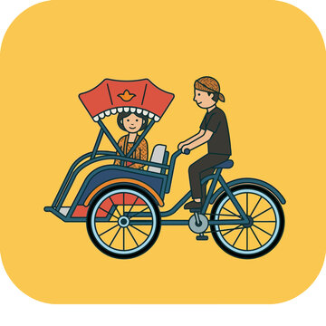 A person riding a bicycle rickshaw with a passenger under a red umbrella.