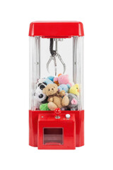 Vibrant red claw machine filled with an assortment of colorful plush toys and a metal claw, isolated on a white background © no one