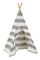 Charming children's striped teepee tent with an open entrance and wooden poles, standing upright on a clean white background © no one