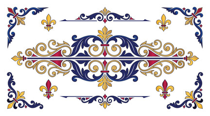 Ornamental fleur de lis border set with royal blue gold and red vintage frame elements © Designbundle