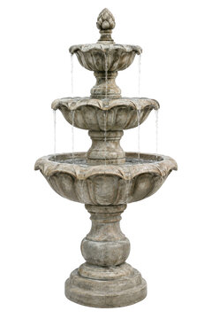 Classic three-tiered stone water fountain with flowing water, featuring an ornate finial, isolated on a clean white background