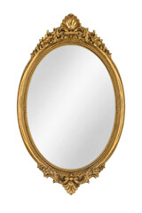 Obraz na płótnie Canvas Ornate antique gold oval mirror with intricate floral carvings and a classic shell design at the top, isolated on a white background