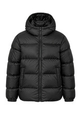 Sleek black puffer jacket with a hood and full zipper, showcasing its quilted texture on a clean white background © no one