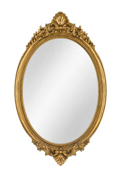 Ornate antique gold oval mirror with intricate floral carvings and a classic shell design at the top, isolated on a white background