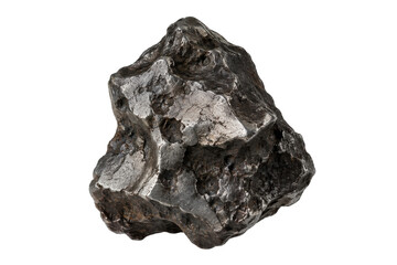 Rough textured metallic meteorite with dark grey and silver tones, showcasing its natural, irregular shape on a white background © no one