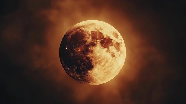 Glowing Lunar Orb in Amber Space Nebula