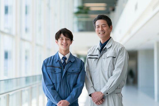 日本の職場で笑顔の作業服を着た若い男性と中年男性