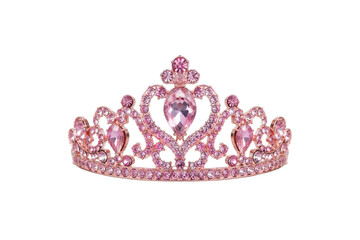 Beautiful pink princess tiara, adorned with sparkling gemstones, sits elegantly on a clean white background, exuding charm and royalty © no one