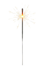 Fototapeta premium Single bright sparkler burning with golden light and radiating sparks on a clean white background