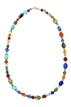 Vibrant colorful glass bead necklace with a golden clasp, featuring various shapes and translucent textures, isolated on a clean white background