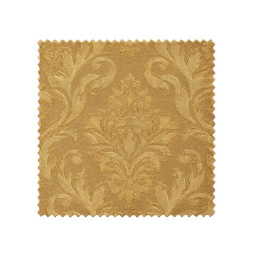 Single square golden fabric swatch with intricate damask pattern and zig-zag edges, isolated on a clean white background