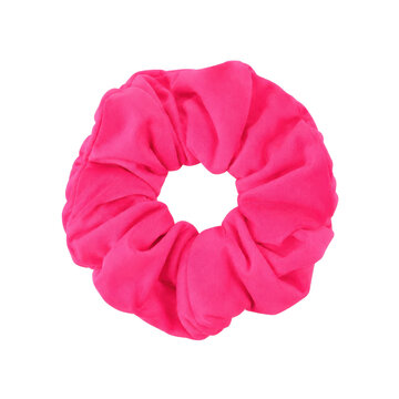 Bright pink scrunchie, a soft fabric hair tie, isolated on a clean white background with even lighting