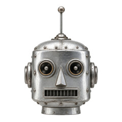 Vintage silver robot head with an antenna, round eyes, and a grill mouth, isolated on a clean white background © no one