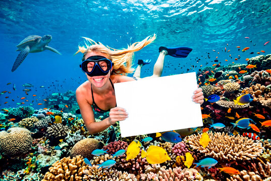 Ragazza fa snorkeling e mostra cartello bianco