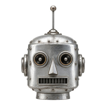 Vintage silver robot head with an antenna, round eyes, and a grill mouth, isolated on a clean white background