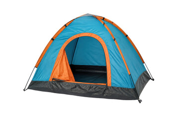 Vibrant blue and orange dome tent with an open entrance is prominently displayed on a clean white background © no one