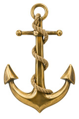 Shiny golden brass anchor with a thick rope wrapped around its shaft, isolated on a clean white background © no one