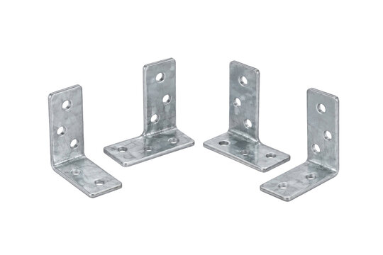 Four shiny galvanized steel angle brackets with multiple holes are neatly arranged on a clean white background