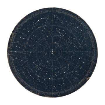 Antique celestial map, dark blue with white stars and grid lines, showing constellations on a white background